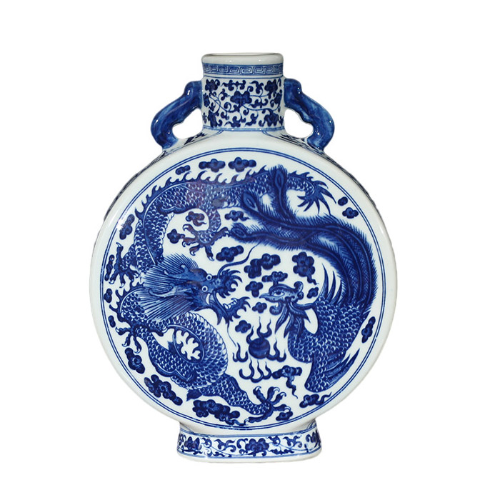 Blue and white porcelain flat porcelain vase with dragon and phoenix Jahrriesnge porcelain of plum blossom birds vase cna0095