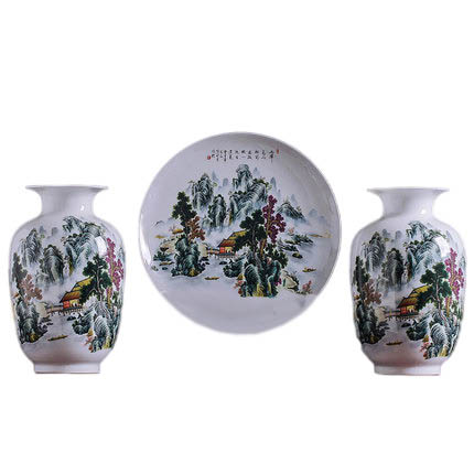 Three-piece ceramic small vase with pastel landscape painting Jahrriesnge porcelain of vase set 3 pieces cna0200
