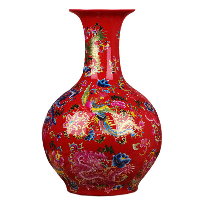 Large crystal glaze red dragon and phoenix auspicious floor vase Jahrriesnge porcelain of cna0312