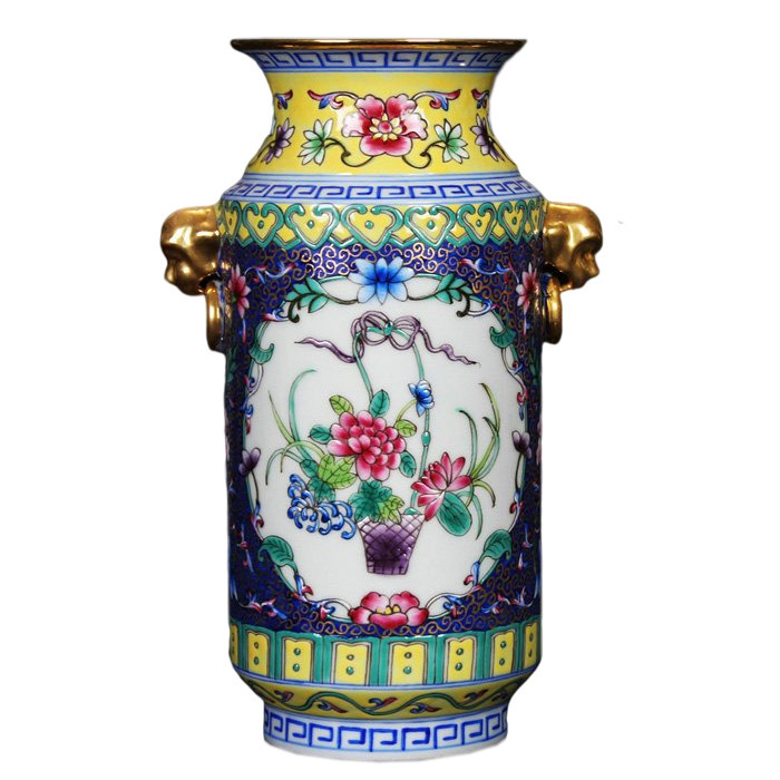 Enamel double lion head gilt blue open altar ceramic flower vase home Jahrriesnge porcelain of vase cna0344