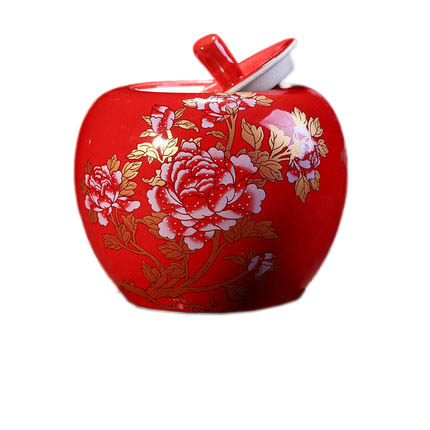 peony flower pattern apple shape red mini ceramic storage jar Jahrriesnge porcelain of red apple storage tank cna0474