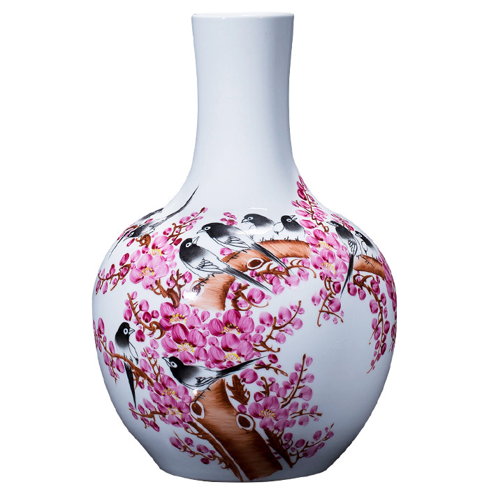 Desiger hand painted pink pastel ceramic vase with birds and flowers Jahrriesnge porcelain of flowers vase cna0515