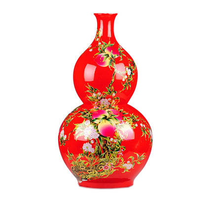 Red gourd shape ceramic vase with peach pattern on the ground Jahrriesnge porcelain of red gourd vase cna0721
