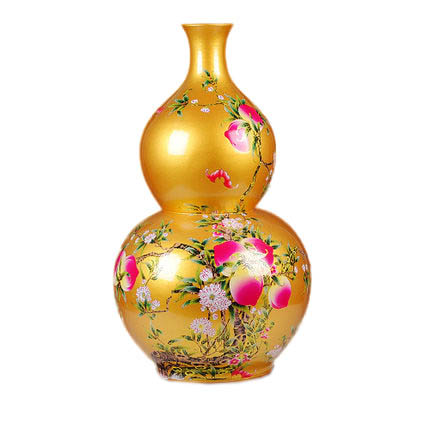 Golden gourd shape ceramic vase with peach pattern on the ground Jahrriesnge porcelain of red gourd vase cna0723