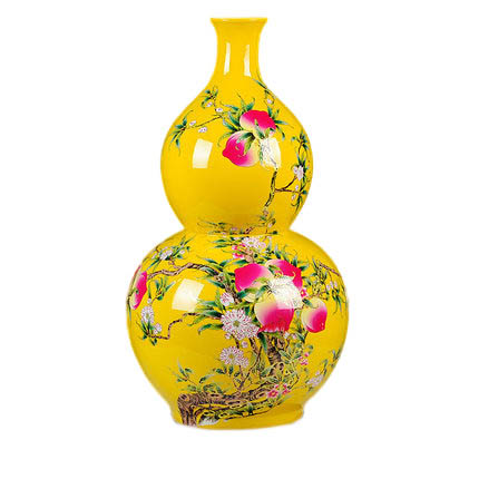 Yellow gourd shape ceramic vase with peach pattern on the ground Jahrriesnge porcelain of red gourd vase cna0725