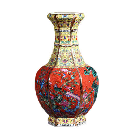 Vintage small red majolica ceramic vase ornaments outline in gold Jahrriesnge porcelain of outline in gold vase cna0880