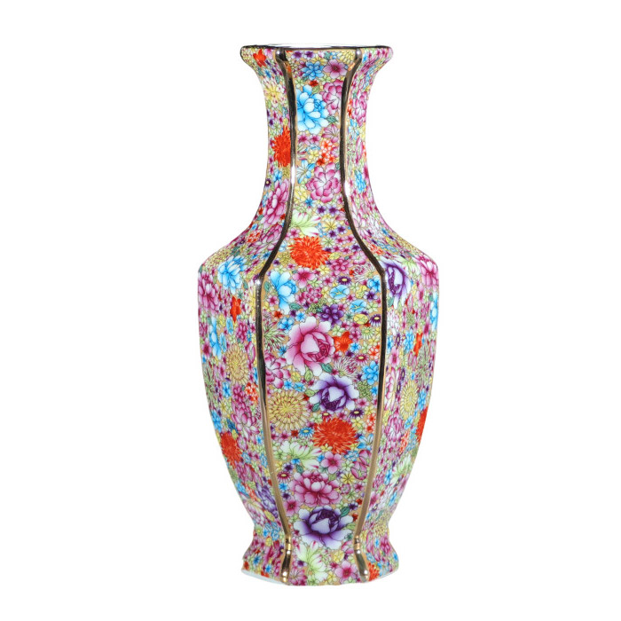 Vintage Qing dynasty big multi-flowers hexagonal vase for flowers Jahrriesnge porcelain of european style enamel rooster vase cna1042