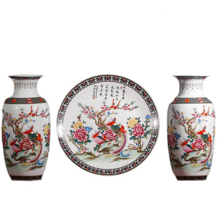 Jingdezhen big ceramic vase three-piece set with two phoenixes Jahrriesnge porcelain of phoenix vase set 3pcs cna1049