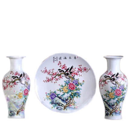Chinese big spring scenery ceramic vases and ornaments three-piece set Jahrriesnge porcelain of vase set 3pcs cna1059