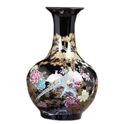 European large ornamental black ceramic floor vase for living room Jahrriesnge porcelain of flowers and birds vase cna1104