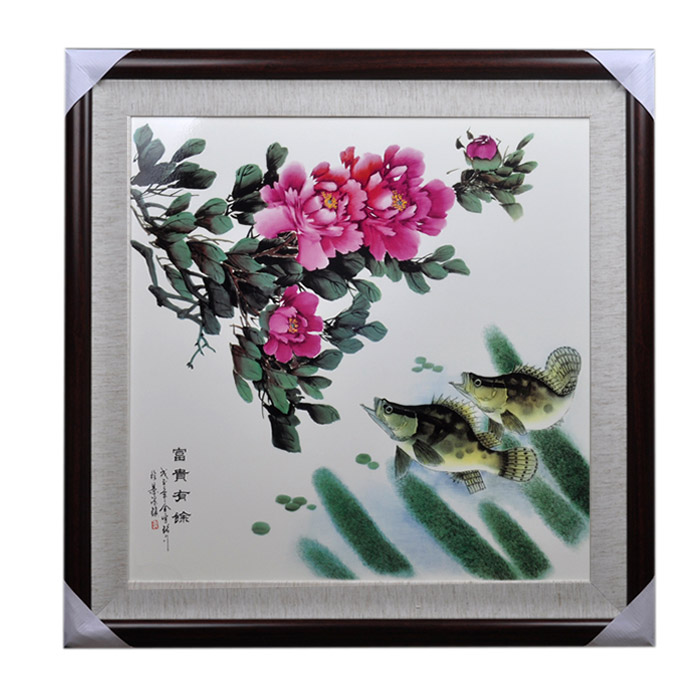 Decorative square peonies and fish ceramic wall hanging plates home Jahrriesnge porcelain painting of cna1474