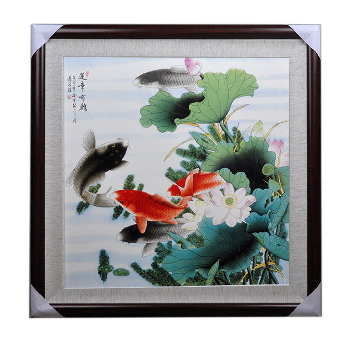 Decorative square fish and lotus painting ceramic wall hanging plates Jahrriesnge porcelain painting of cna1477